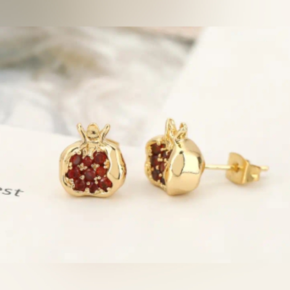 Gold and Red Pomegranate Stud Earrings